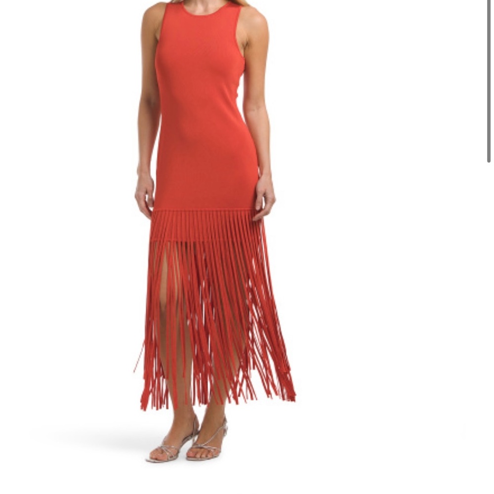 Toccin poppy color Fringe Midi Dress